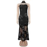 Sexy Ribbon Print Backless Tube Top Maxi Dress BY-7671