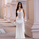 Sexy Ribbon Sequin V Neck Mesh Sling Maxi Dress BY-7647
