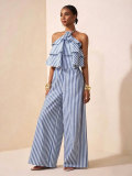 Halterneck Stripe Print Backless Jumpsuit NY-11282