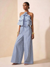 Halterneck Stripe Print Backless Jumpsuit NY-11282