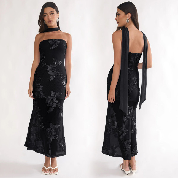 Sexy Ribbon Print Backless Tube Top Maxi Dress BY-7671