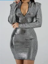 Metal-Coated Long-Sleeve Padded-Shoulder Midi Dress GFMA-TE25181