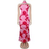 Sexy Ribbon Print Backless Tube Top Maxi Dress BY-7671
