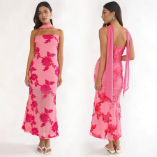 Sexy Ribbon Print Backless Tube Top Maxi Dress BY-7671