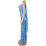 Sexy Ribbon Print Backless Tube Top Maxi Dress BY-7671