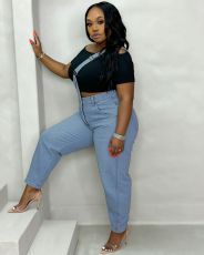 Plus Size Irregular Single Shoulder Denim Jumpsuit GYLN-8368