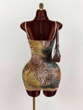 V Neck Print Lace Patchwork Sling Mini Dress GXIY-K25L753