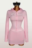 Letter Print Zipper Hooded Sport Two Piece Skirt Set YWXS-K26L2126
