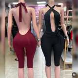 Deep V Neck Backless Tie Up Seventh Jumpsuit YWXS-K26L2184
