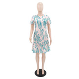 Print Zipper Short Sleeve Midi Dress GYLY-11155