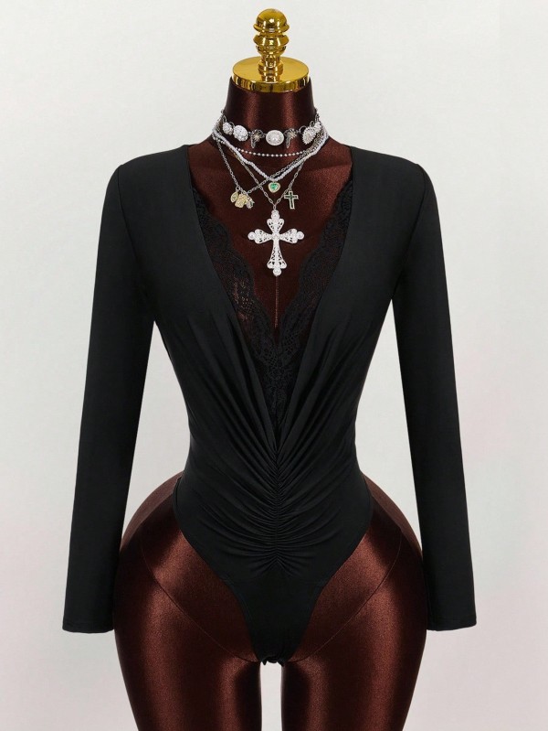 Long Sleeve Lace Patchwork Bodysuit GXIY-K25L1875