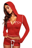 Letter Print Zipper Hooded Tops Two Piece Short Set YWXS-K26L2128