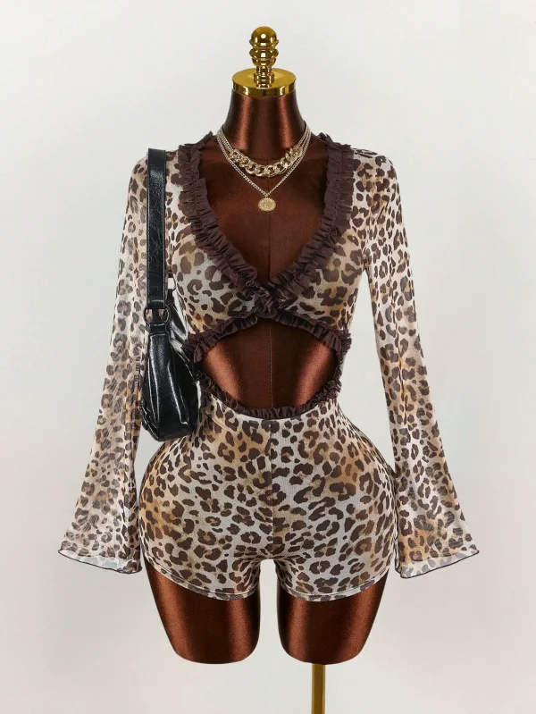 Lace Patchwork Leopard Print Mesh Romper GXIY-K26L2267