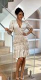 Lantern Sleeve Deep V-Neck Mini Dress GMYU-5003