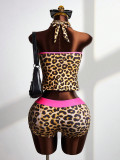 Leopard Print V Neck Backless Two Piece Shorts Set GXIY-K26L2219