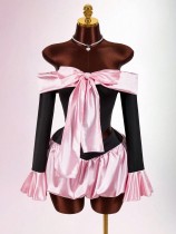 Bow Flare Sleeve Patchwork Top And Skirt Set GXIY-K25L1908