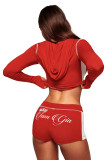 Letter Print Zipper Hooded Tops Two Piece Short Set YWXS-K26L2128