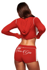 Letter Print Zipper Hooded Tops Two Piece Short Set YWXS-K26L2128