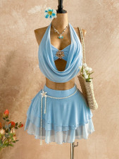 Solid Color Halterneck Vest Tops Skirt Suit(Without Chain) GXIY-K26L2228