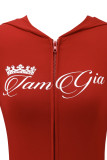 Letter Print Zipper Hooded Tops Two Piece Short Set YWXS-K26L2128