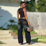 Plus Size Leopard Patchwork Washed Wide Leg Jeans GYLN-4953