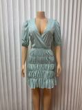 Lantern Sleeve Deep V-Neck Mini Dress GMYU-5003