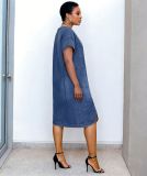 Plus Size Short Sleeve Loose Denim Midi Dress GYLN-0608