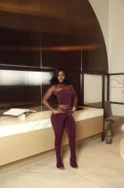 Solid Color Wrap Chest Top Two Piece Pants Set YWXS-K25L1756