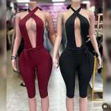 Deep V Neck Backless Tie Up Seventh Jumpsuit YWXS-K26L2184