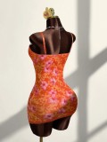 V Neck Print Lace Patchwork Sling Mini Dress GXIY-K25L753