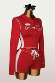 Letter Print Zipper Hooded Tops Two Piece Short Set YWXS-K26L2128