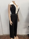Sleeveless Patchwork Sport Jumpsuit(With Belt) OSM-4500
