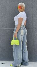 Plus Size Fashion Holes Washed Straight Jeans GYLN-5000