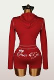 Letter Print Zipper Hooded Tops Two Piece Short Set YWXS-K26L2128