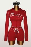 Letter Print Zipper Hooded Tops Two Piece Short Set YWXS-K26L2128