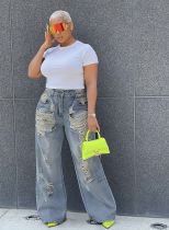 Plus Size Fashion Holes Washed Straight Jeans GYLN-5000