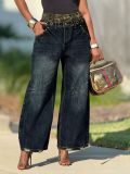 Plus Size Leopard Patchwork Washed Wide Leg Jeans GYLN-4953