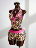 Leopard Print V Neck Backless Two Piece Shorts Set GXIY-K26L2219