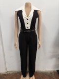 Sleeveless Patchwork Sport Jumpsuit(With Belt) OSM-4500