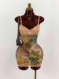 V Neck Print Lace Patchwork Sling Mini Dress GXIY-K25L753