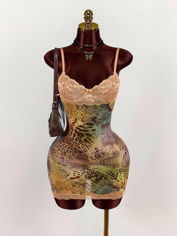 V Neck Print Lace Patchwork Sling Mini Dress GXIY-K25L753