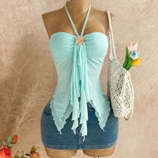 Solid Color Halterneck Mesh Tank Top GXIY-K26L2270