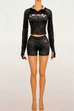 Letter Print Zipper Hooded Two Piece Shorts Set YWXS-K26L2395