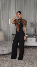 Leopard Patchwork Tie Up Jumpsuit OSM-4497