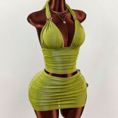 Solid Color Halterneck Tank Top Skirts Suit GXIY-K26L2096
