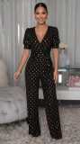 Short Sleeve V Neck Wide Leg Jumpsuit OSM-4498