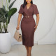 Plus Size V Neck Short Sleeve Midi Dress GATE-623