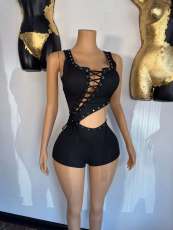 Sleeveless Bandage Hollow Out Tank Top Shorts Suit YWXS-K25L1528