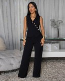 Sleeveless Blazer Vest Wide Leg Jumpsuit OSM-4499