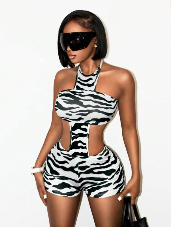 Zebra Print Sleeveless Backless Romper YWXS-K26L2132